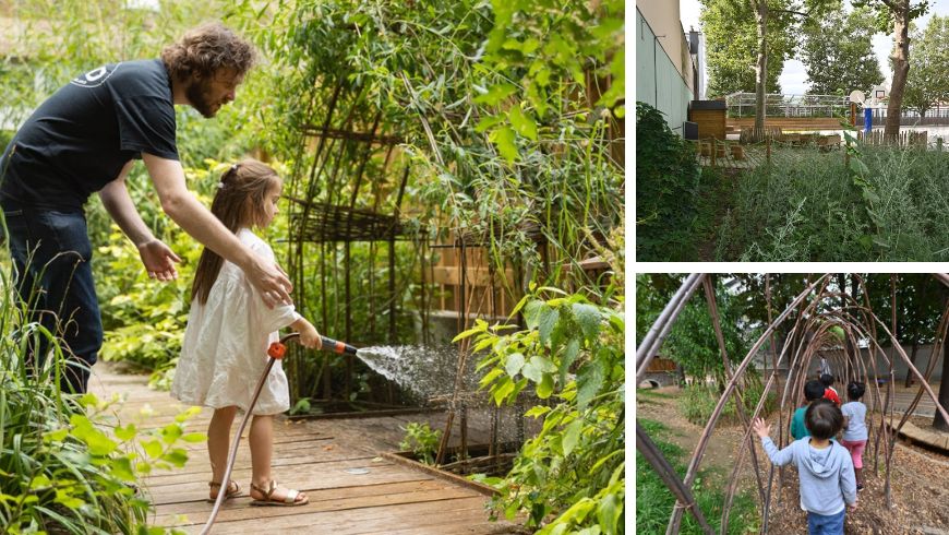 Cortili scolastici verdi di Parigi trasformati in oasi con alberi e vegetazione