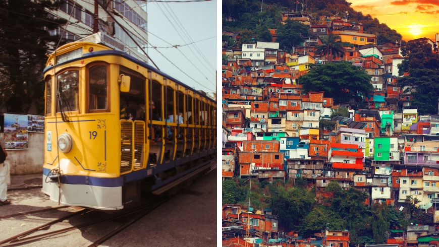 Un tram storico per le strade di Rio de Janeiro. Il centro di Rio de Janeiro e una favela.