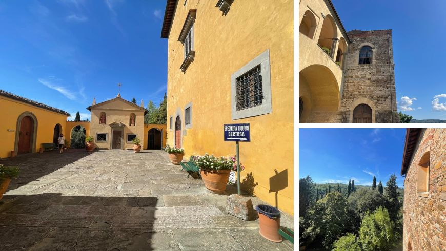 Certosa del Galluzzo a Firenze, scorci del chiostro storico e spazio dedicato ai liquori e alle specialità certosine.