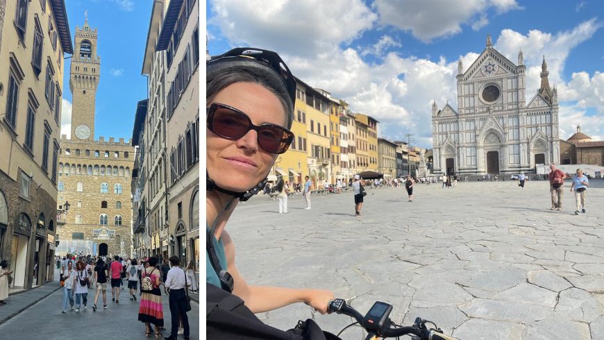 Firenze in bicicletta: scorci delle strade che conducono a Piazza della Signoria e Piazza Santa Croce nel centro storico.