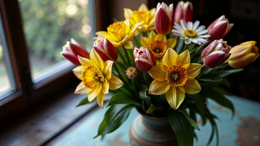 Bouquet primaverile di tulipani e narcisi colorati