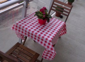 A little table dresesd with a re and white checked tablecloth on a patio