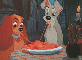 Picture of the famous frame of lily and the tramp eating spaghetti in "Lily and the tramp" Walt Disney cartoon