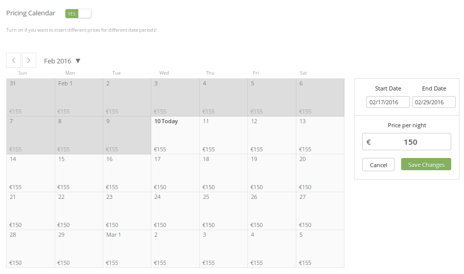Ecobnb Pricing Calendar