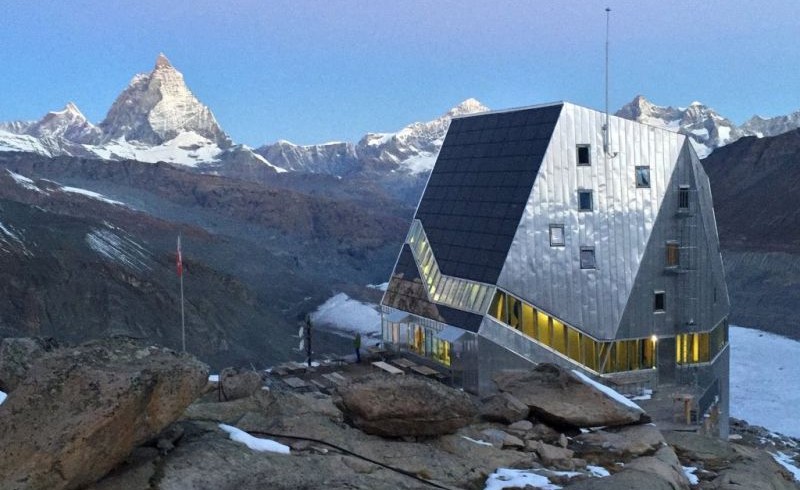 The shelter Monte Rosa Hut, one of the eco-friendly shelters of Switzerland 