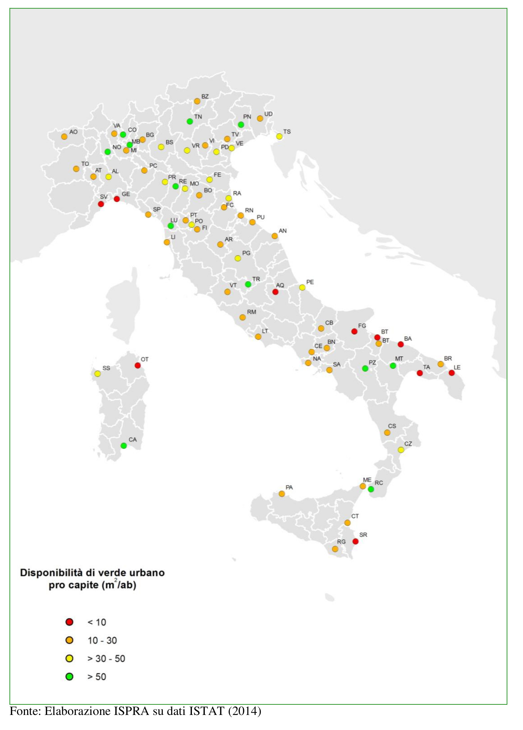 Availability of green areas per capita in different Italian cities, accordng to the ISPRA Analysis in 2014. Urban Green in Italy.