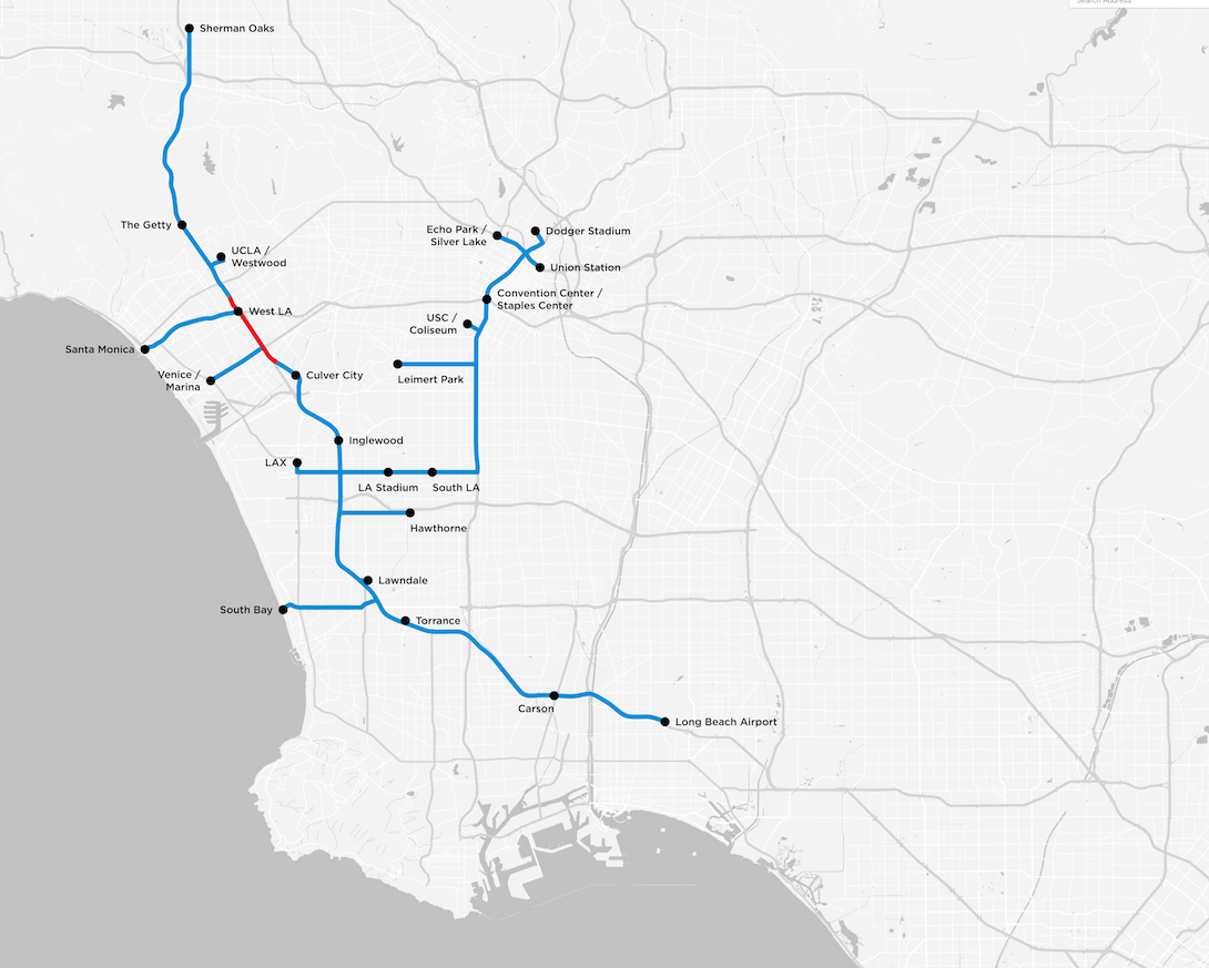 Map of the Los Angeles bus tunnels, in red the test track for which "The Boring Company" has already submitted a request for an excavation permit. 