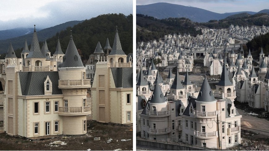 On the right side, particular of a house in the village: white building with conic grey roof, looks like a small castle. On the left side of the picture, view of a large part of the village, with hundreds of these houses.