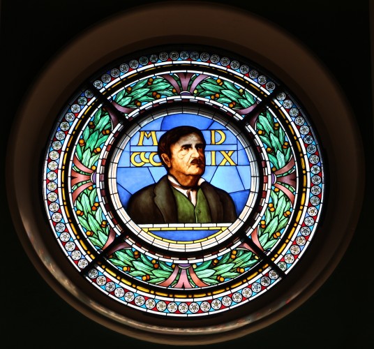 Count Cesare Mattei portraited on a circular glass window.