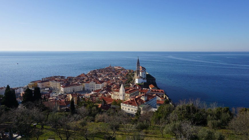 Aerial view on Piran and the sea