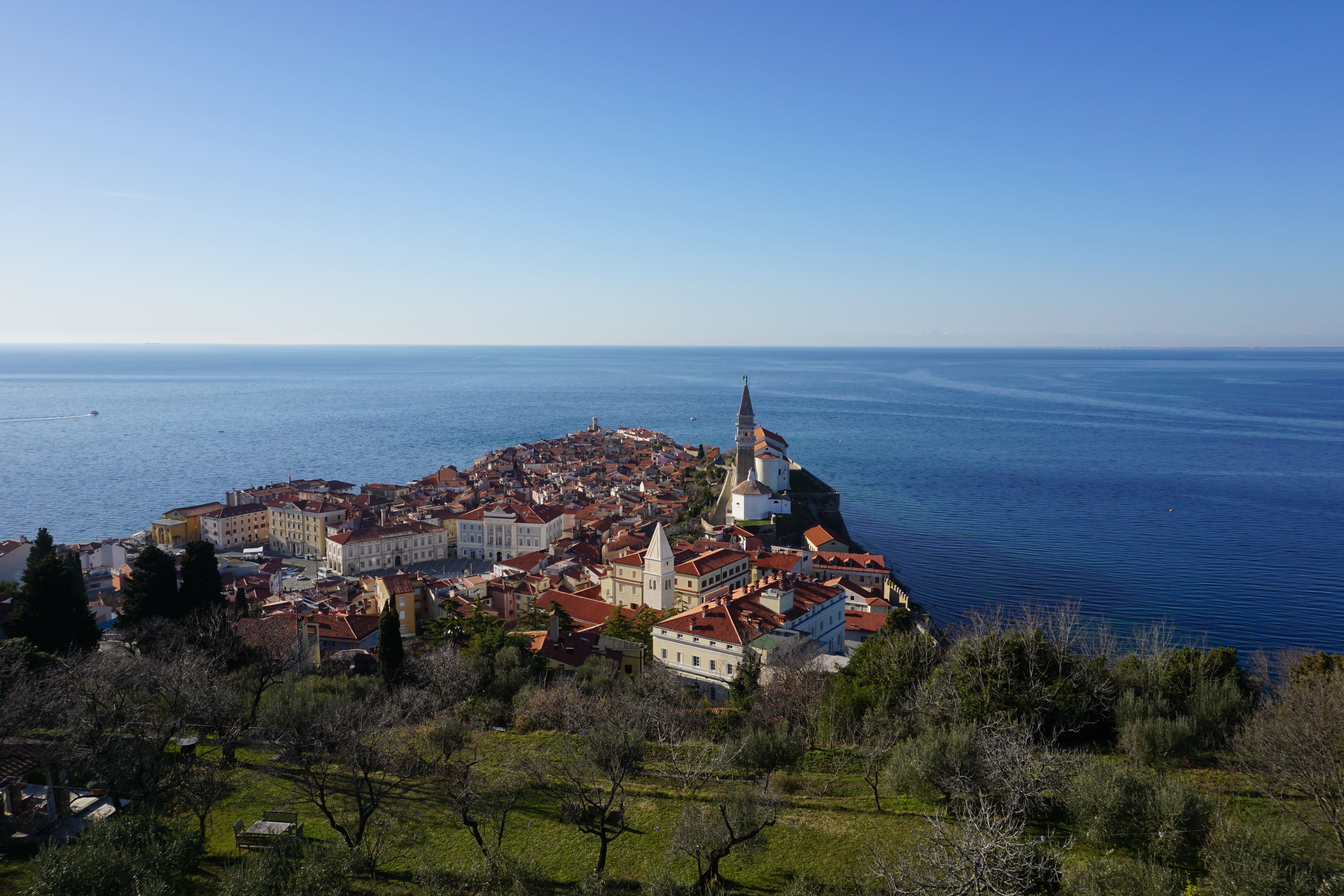 Aerial view on Piran and the sea