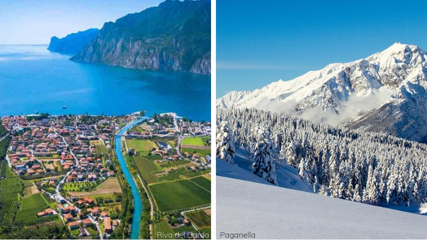 On the right side of the picture, the slopes of Paganella ski location; on the left side, aerial view on Riva del Garda