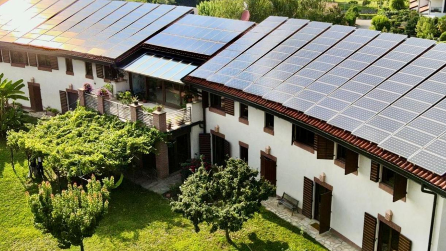 Le Ali del Falco eco-retreat, aerial view of the roof with photovoltaic panels