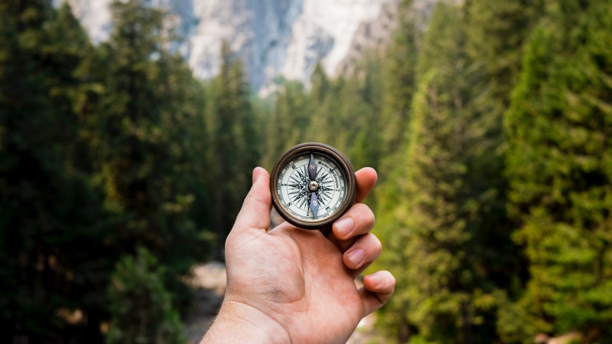 compass in a hand surrounded by nature