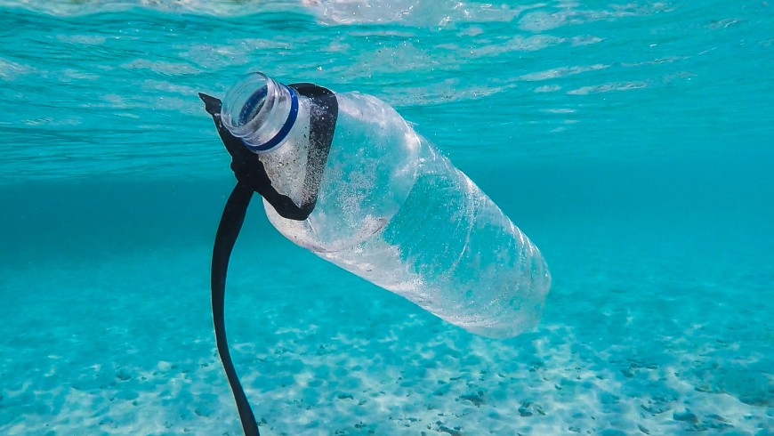 Plastic bottle in the ocean, Gili Islands, Indonesia. 
