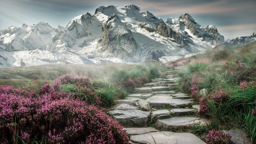 Stone hike path in the Alps.