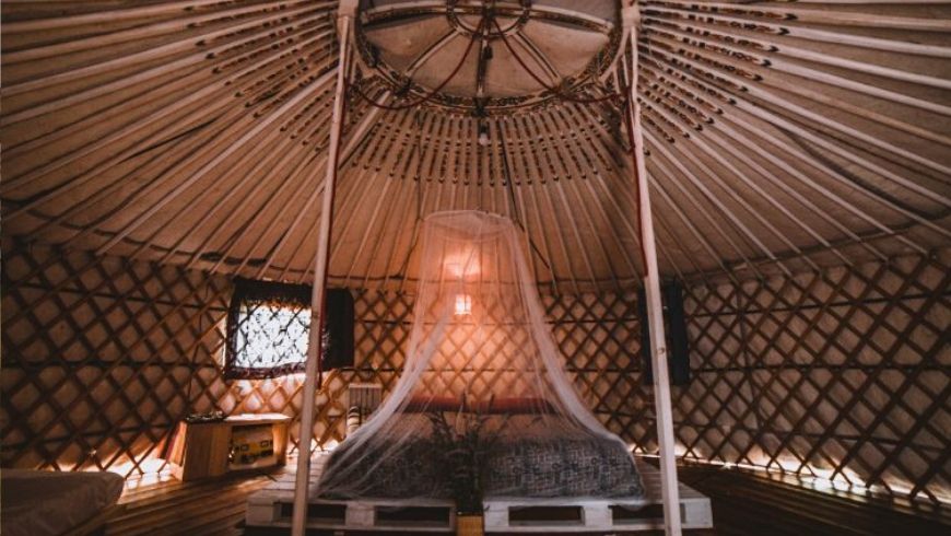 inside a green yurta tent