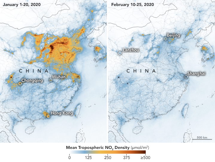 Map of concentrations of air pollutants before and after the coronavirus emergency in China