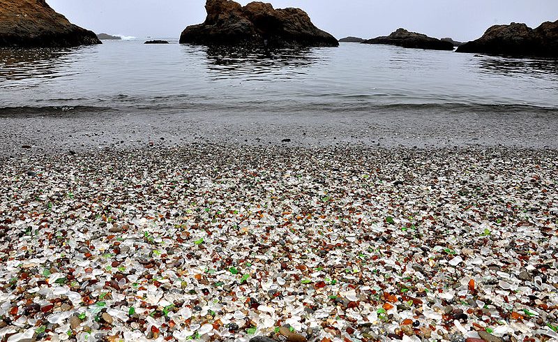 Ground level view of glass beach and sea