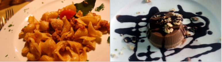 Two Al Marnich Farmhouse dishes: pasta and a dessert