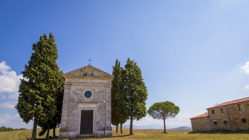 Chapel of the Madonna di Vitaleta among cypresses