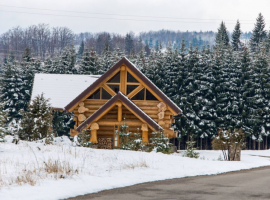 Divjake Log Home covered in snow, front view