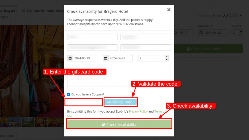 How to insert the Gift Card code into an availability request on Ecobnb