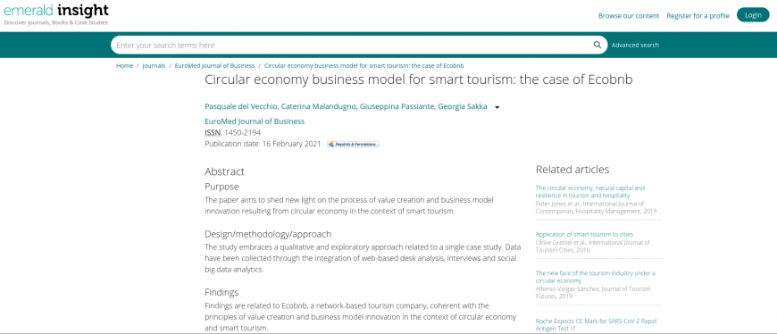 article about Ecobnb on Emerald Insight between circular economy and smart tourism