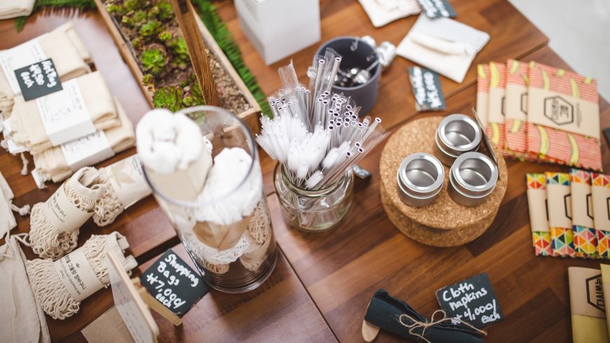 Eco-friendly products on a table.