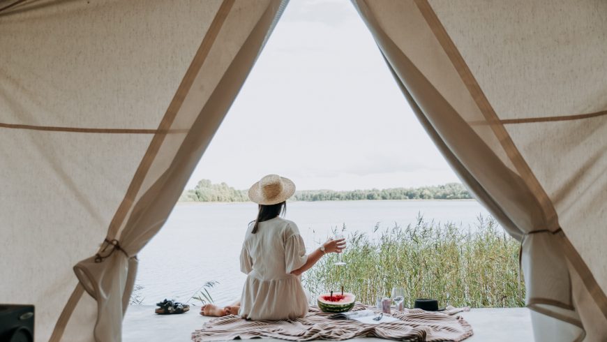 A woman glamping