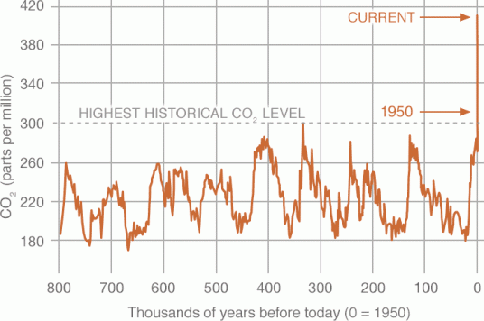 graph depicts the level of CO2 emissions until the historical peak that started with the industrial revolution and still increasing today