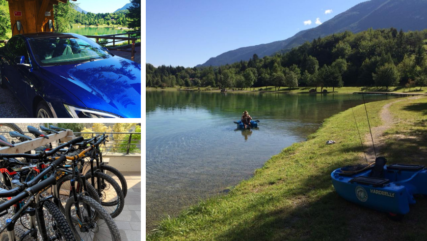 Electric car charging point, mountain bike and boat hire on the lake
