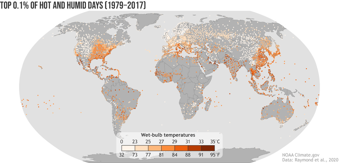 Map of places that have briefly experienced extreme levels of heat
