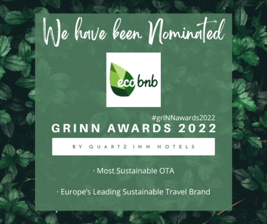 Ecobnb certification Europe's Leading Travel Brand and Most Sustainable OTA di Grinn Awards 2022