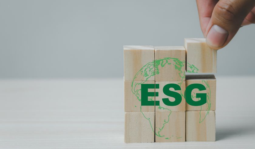 small wooden cube with the inscription "ESG"