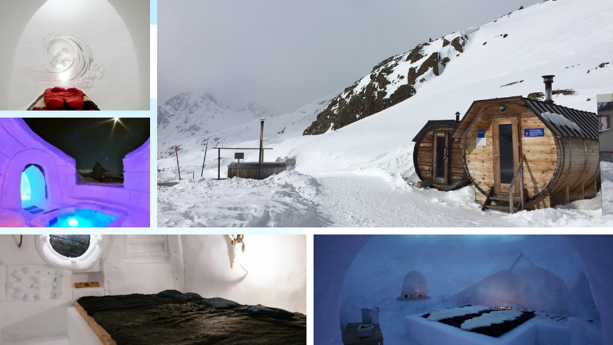 Rifugio Bella Vista in Val Senales, photos of the igloo, the bedroom and the beautiful sauna