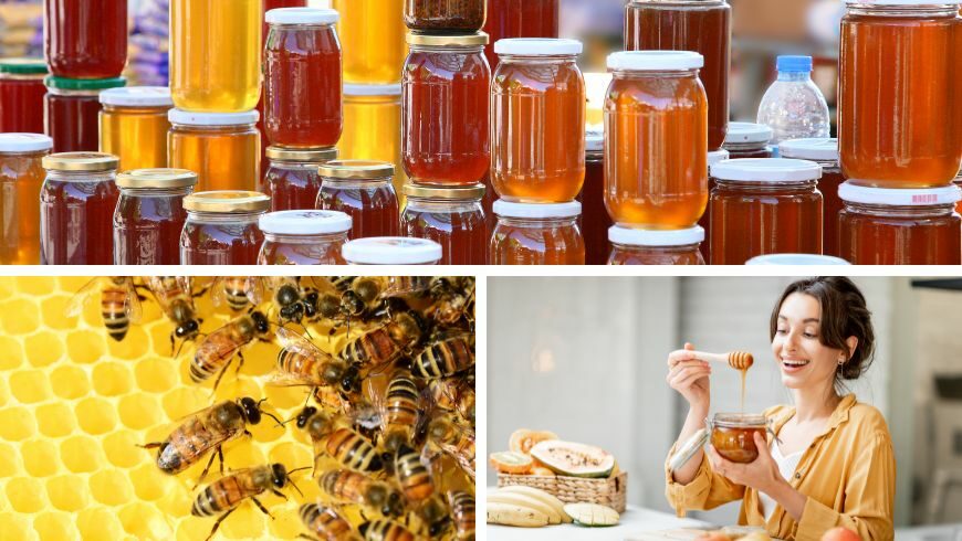 Honey jars, bees, and woman eating honey