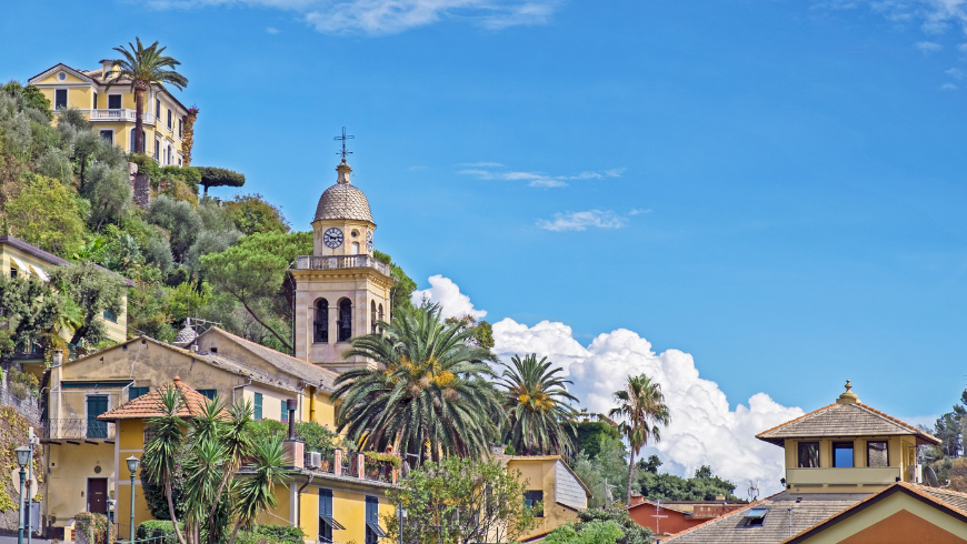 Portofino with church and palm trees
