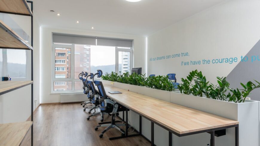 Table with plants in a boardroom