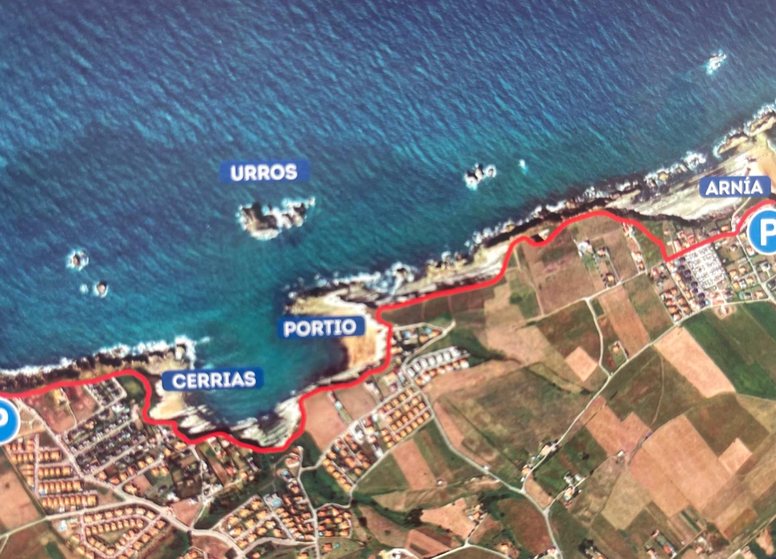 map of the itinerary from Arnia beach to Cerrias