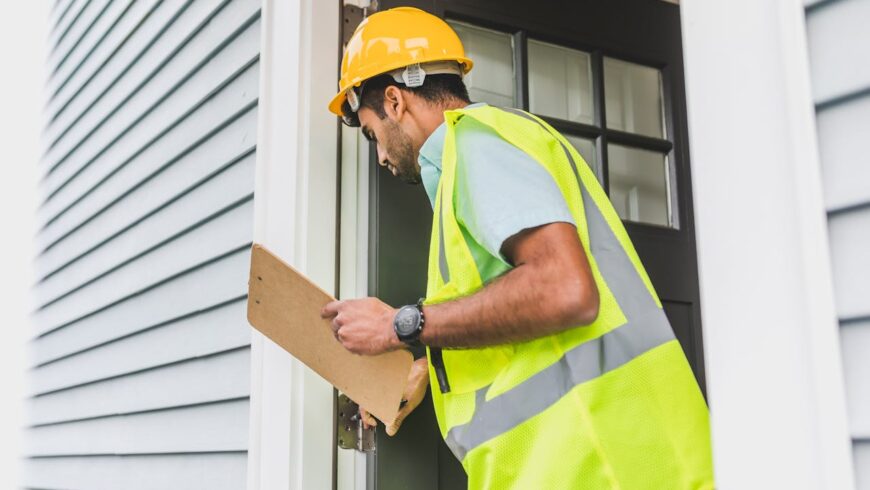 A man in a yellow safety vest inspecting a property