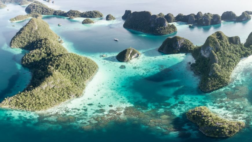 Aereal view of Limestone islands in Wayag, Raja Ampat, Indonesia