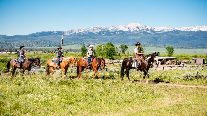 Family Vacationing on Horse Back at Dude Ranch in Montana