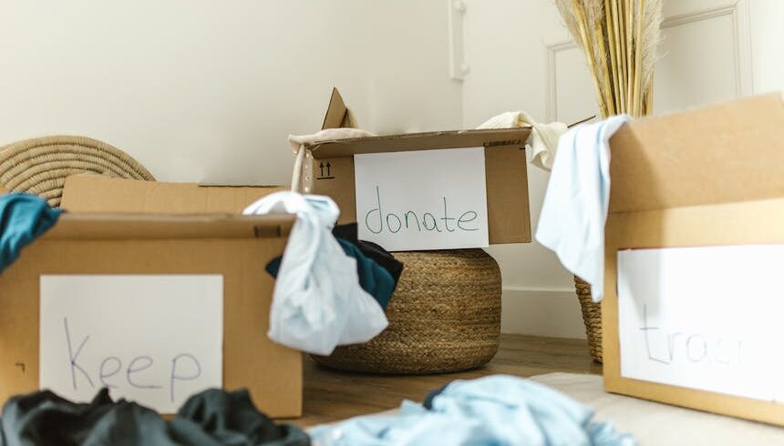 Three cardboard boxes labeled "keep," "donate," and "trash" filled with clothes and placed in a tidy room, illustrating the decluttering process.