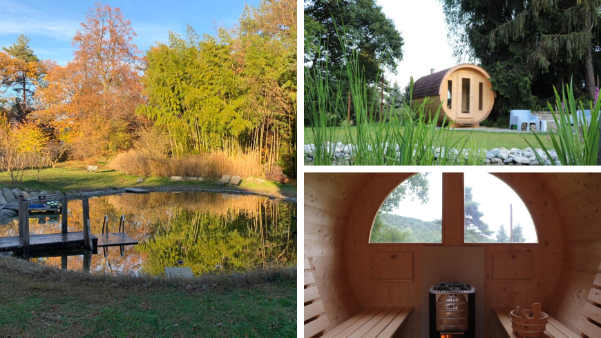 the natural pond and the outdoor sauna at Cascina Rodiani