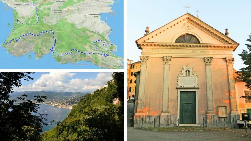 Map of the Monks’ Trail, view of Camogli and Church of San Michele Arcangelo.