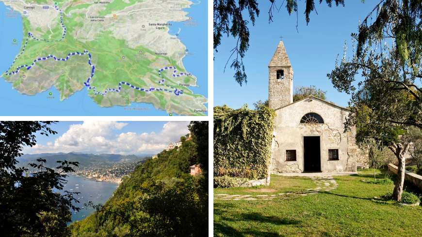 Map of the Monks’ Trail, view of Camogli and Church of San Michele Arcangelo.