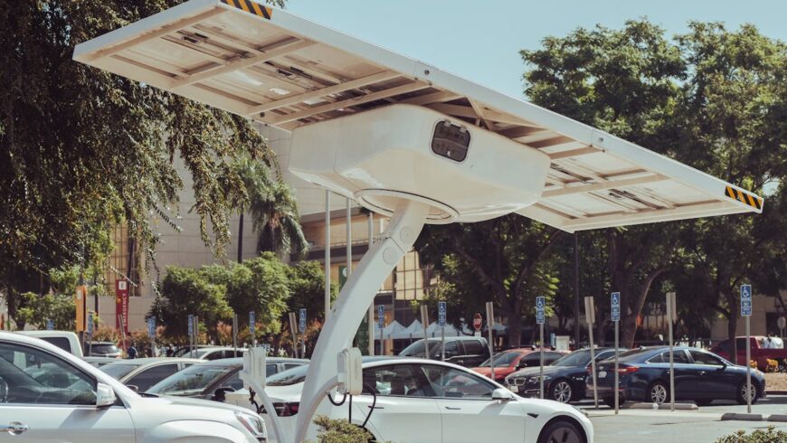 Electric cars at a charging station, parking lot