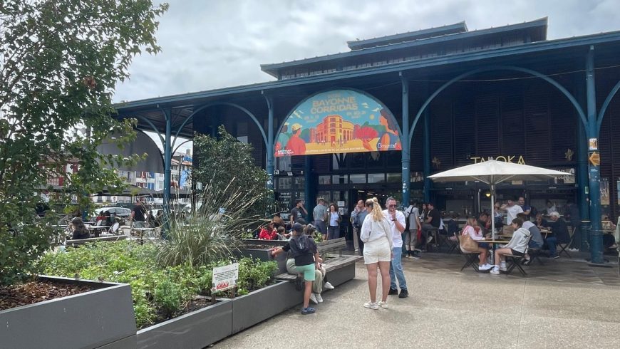 Les Halles Market, aromatic plants and café tables