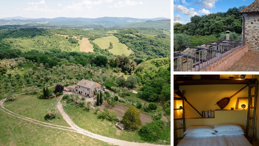 Ottava Goccia organic farmhouse, aerial view with vegetable garden, terrace, and room